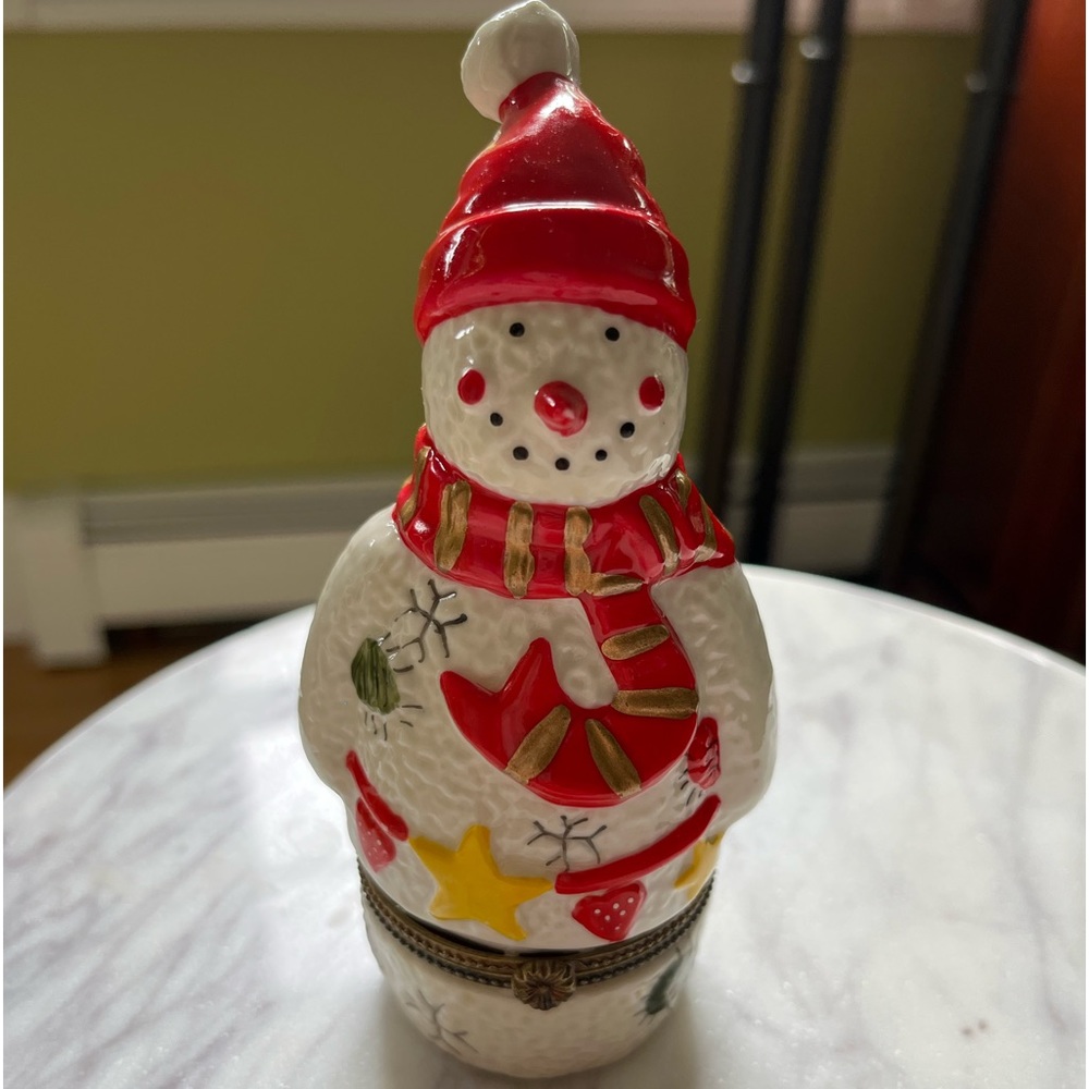 Snowman Limoges Style Trinket Box Figure - Red Cap